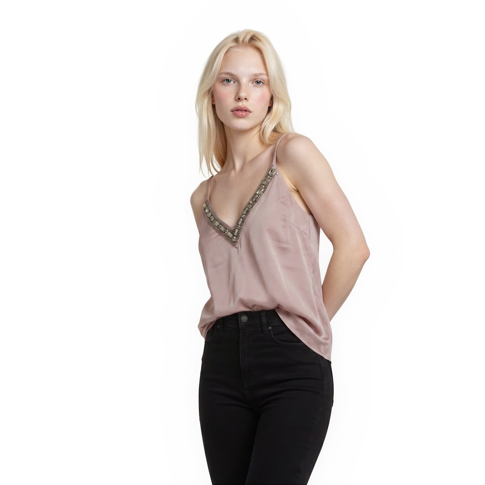 Express Camisole Blouse Top Womens Size Small Mauve Pink Rhinestone Satin V Neck